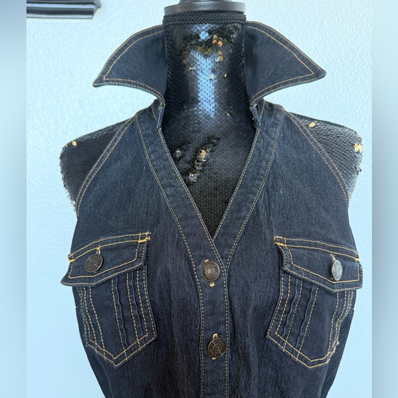 NWOT Y2K Bisou Bisou Denim Sleeveless Button-Up Halter Top Vest Belt Size Large - Picture 2 of 5